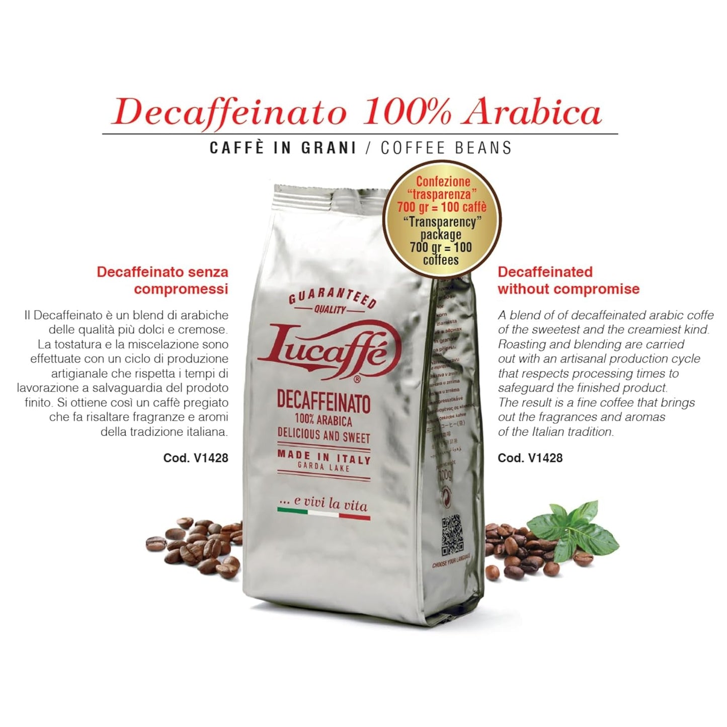 Lucaffè - Entkoffeinierte Kaffeebohnen Decaffeinato, 700 Gr | Kaffeebohnen zum Mahlen für Espresso ohne Kaffein | Ciemny Röstung | Süßer und fruchtiger Gesmack, kremowy | Intensywne aromaty