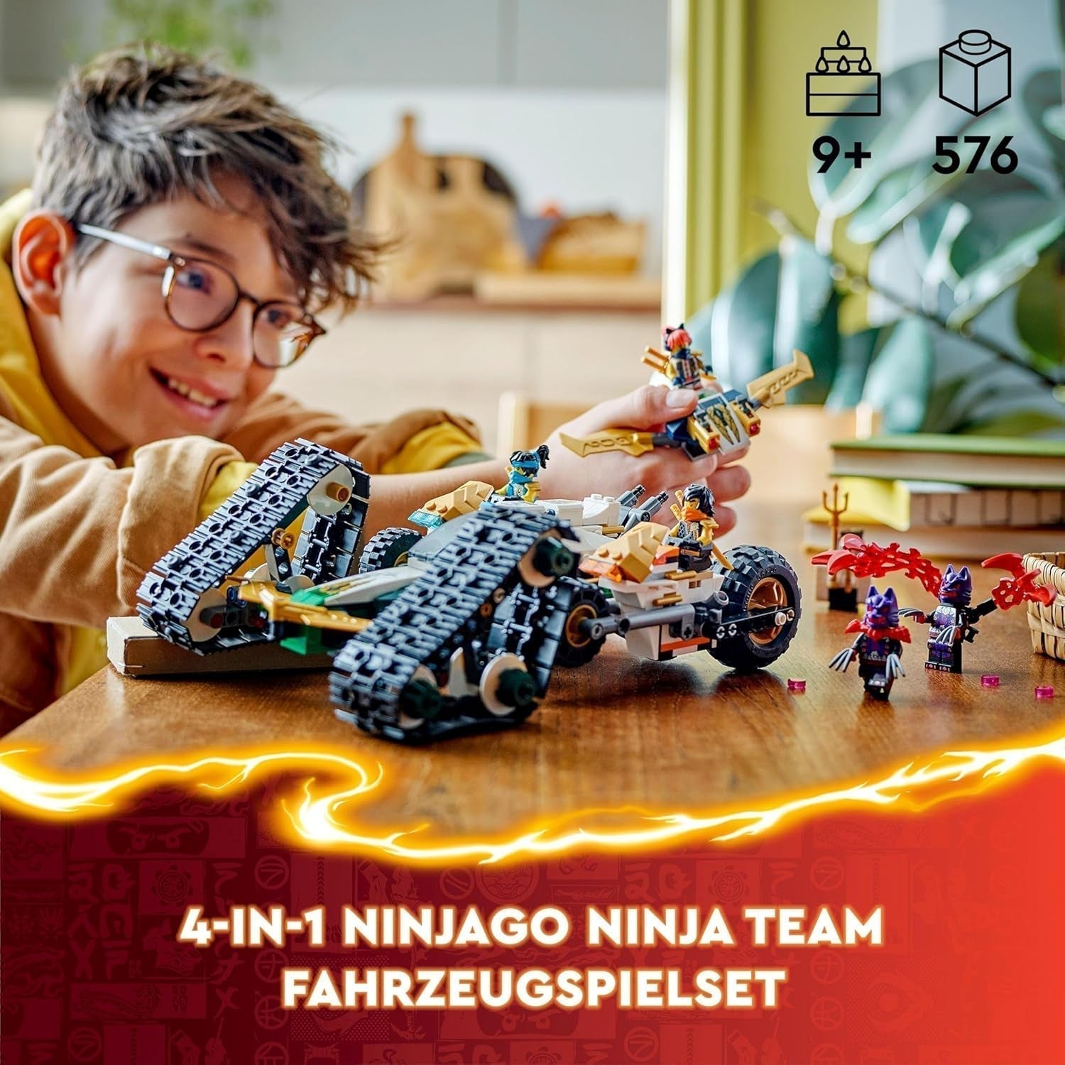LEGO NINJAGO Ninja Team Combi Caterpillar Zestaw 4 w 1 z szybowcem, samochodem wyścigowym i 2 motocyklami oraz 6 minifigurkami Prezent dla chłopców i dziewcząt Zabawka Ninja 71820 Zestawy do budowania Besuche den LEGO-Store