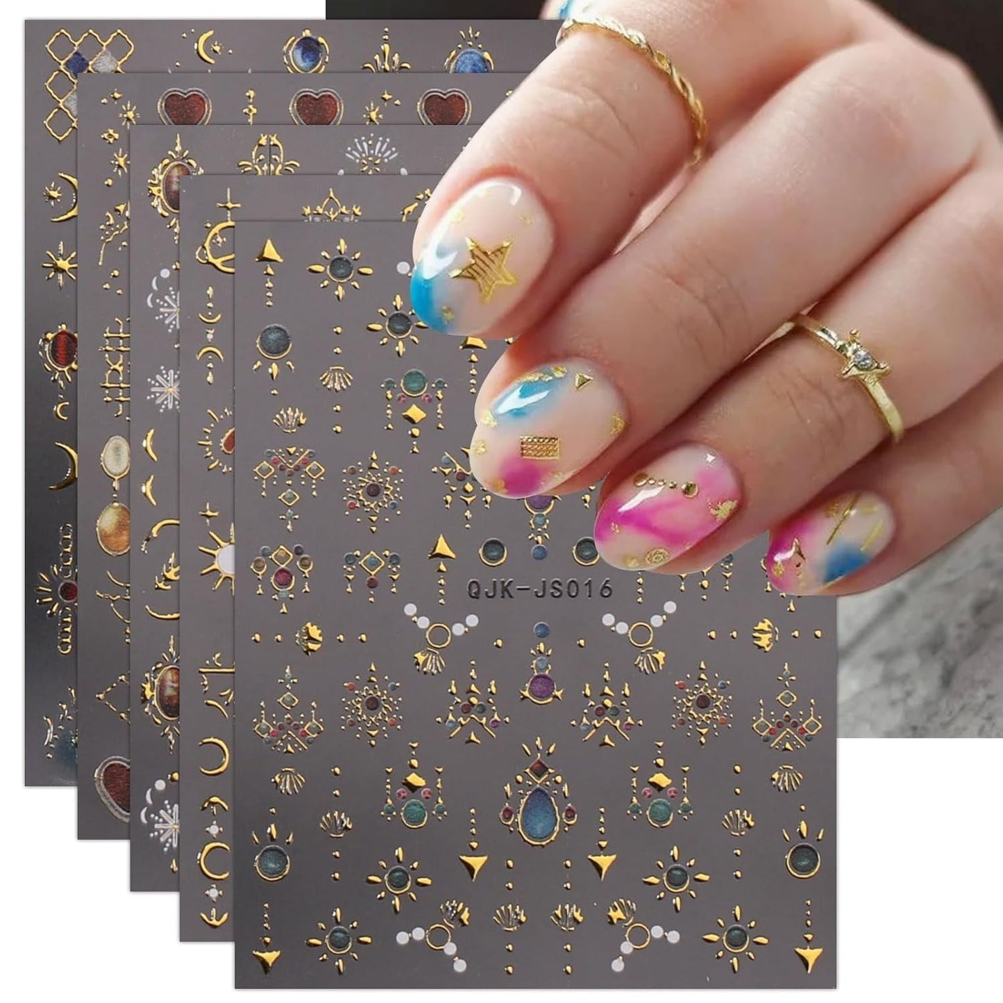 JMEOWIO Nagelsticker Herz Mond Stern 9 Blatt Nail Art Naklejka Selbstklebend Nagelaufkleber Bunt Dekoration Nageldesign Zubehör
