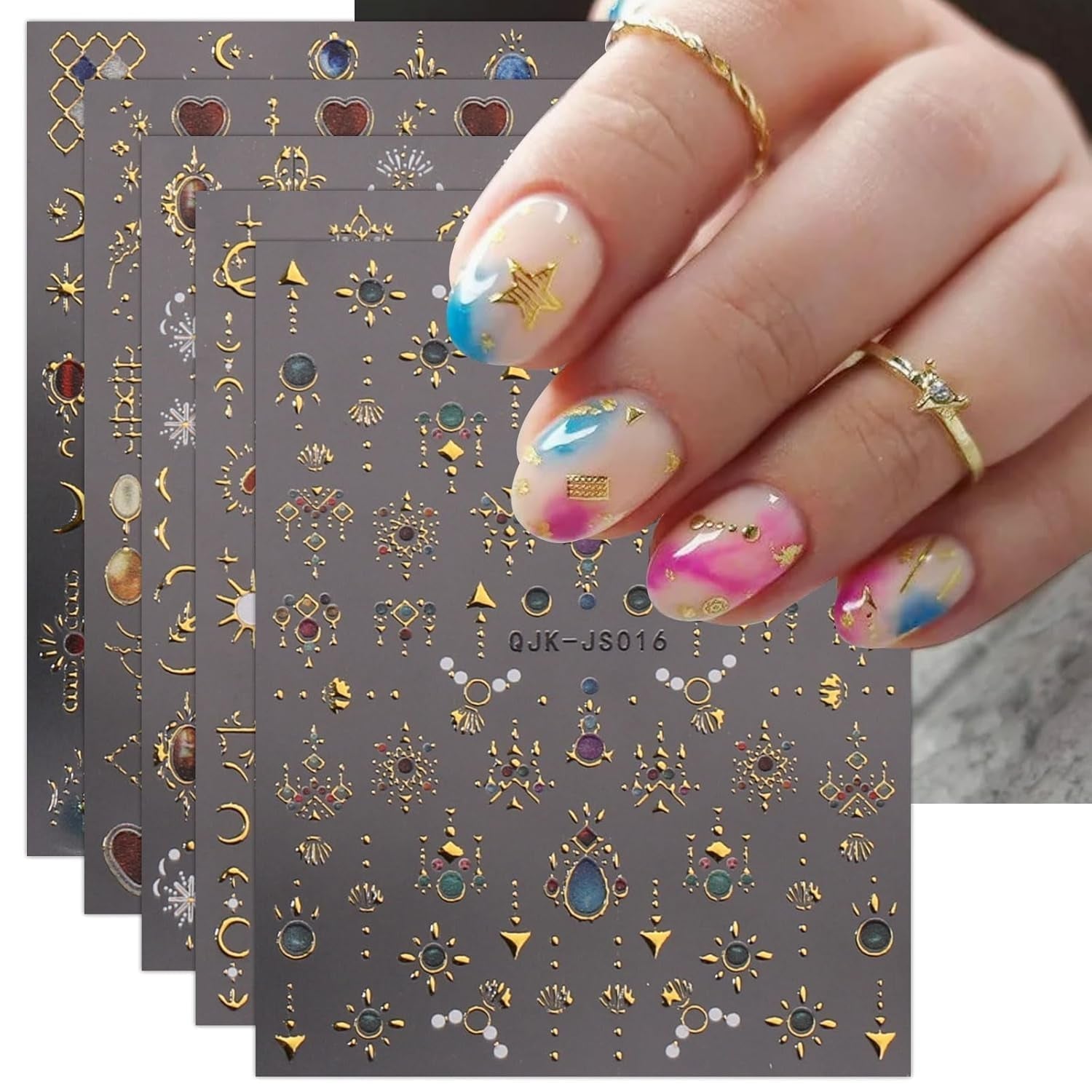 JMEOWIO Nagelsticker Herz Mond Stern 9 Blatt Nail Art Naklejka Selbstklebend Nagelaufkleber Bunt Dekoration Nageldesign Zubehör