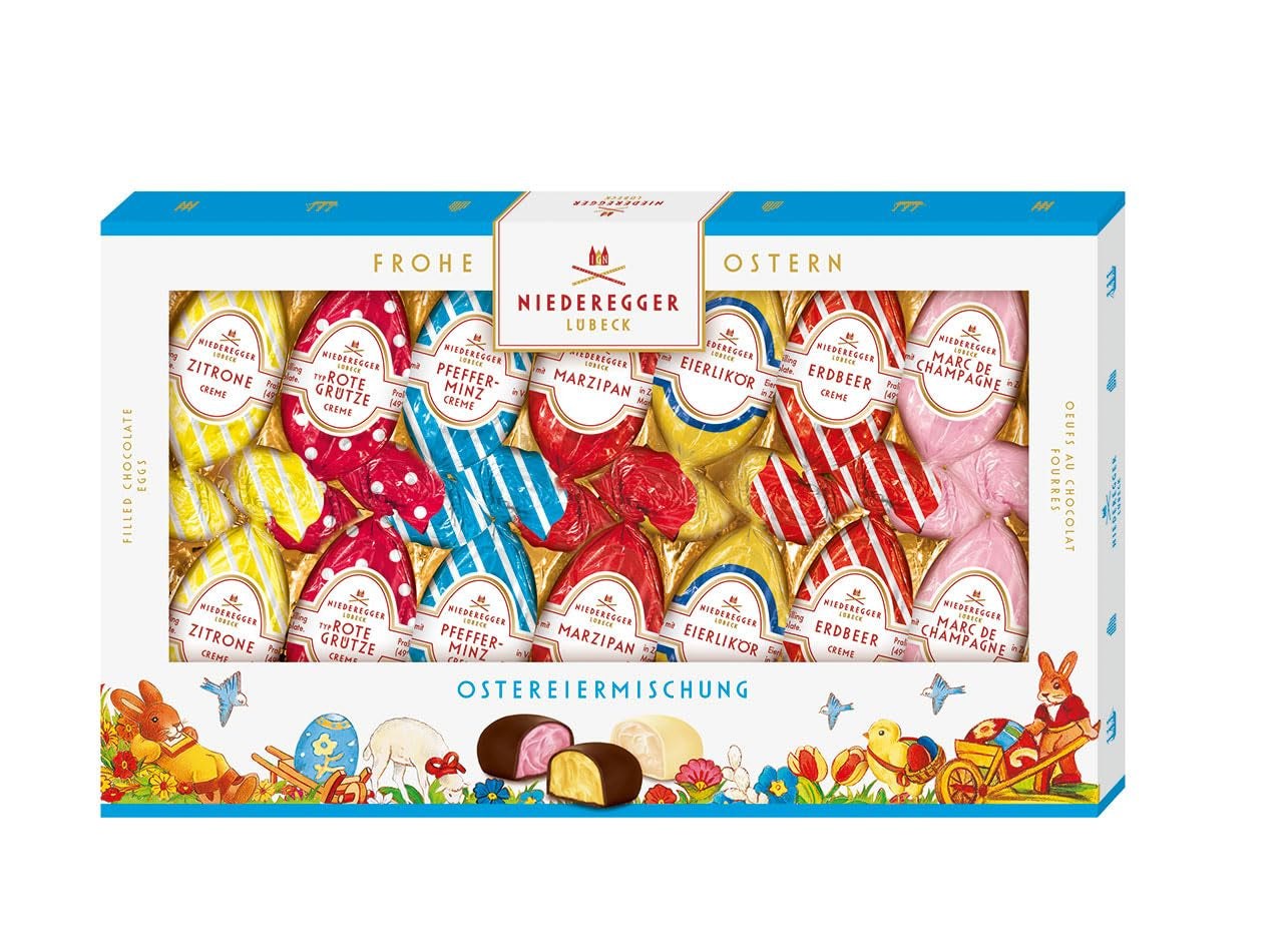 Niederegger | Mieszanka jaj wielkanocnych | 1x175g | Pisanki z różnymi nadzieniami marcepanowymi i pralinowymi | Oblane ciemną i białą czekoladą | Prezent wielkanocny