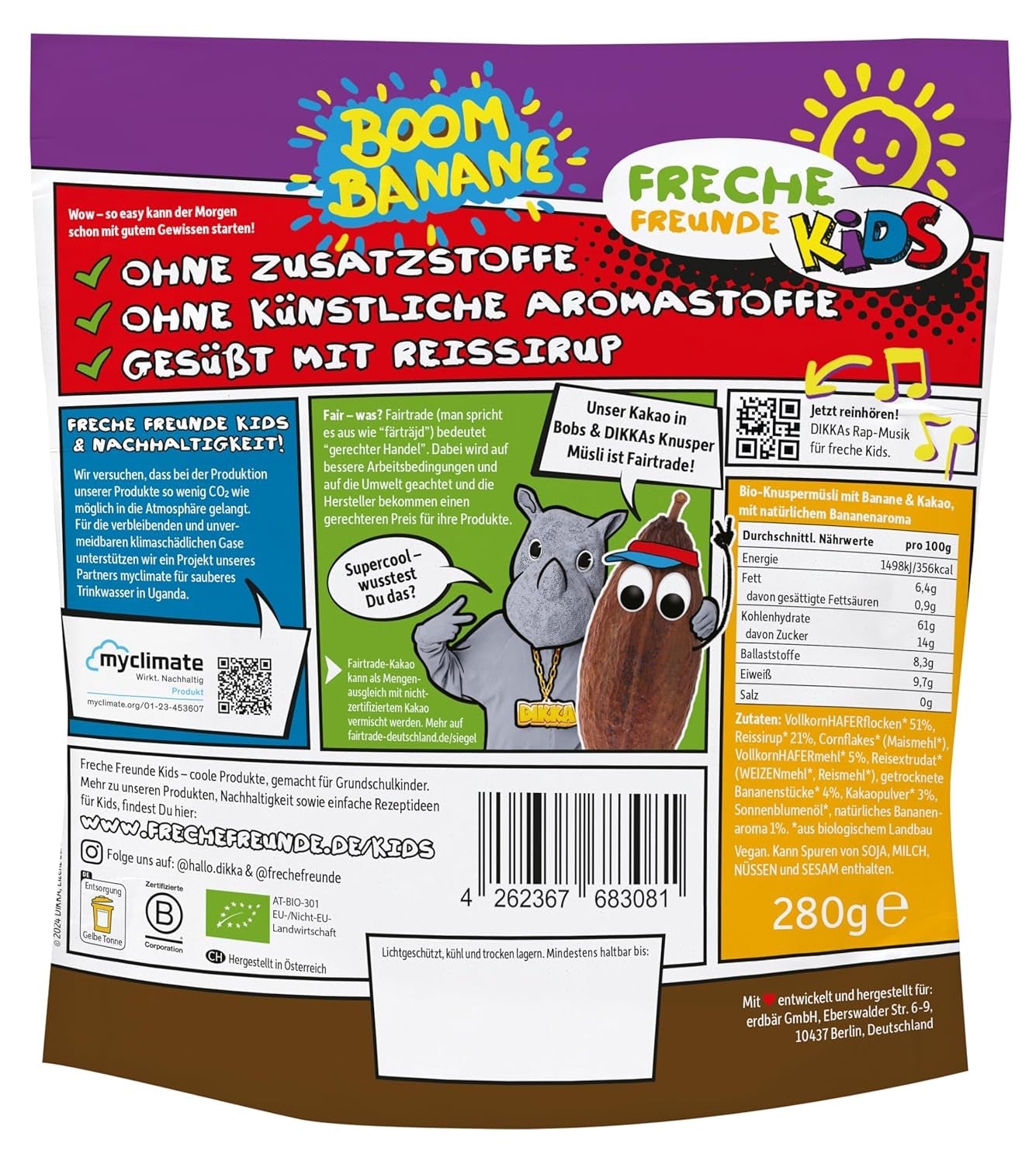 FRECHE FREUNDE KIDS, Bobs & DIKKAs Chrupiące musli kakaowe z bananami, Muesli z chrupiącą czekoladą dla dzieci, o niskiej zawartości cukru, bez dodatków, 100% wegańskie, 6 sztuk (6 x 280g)