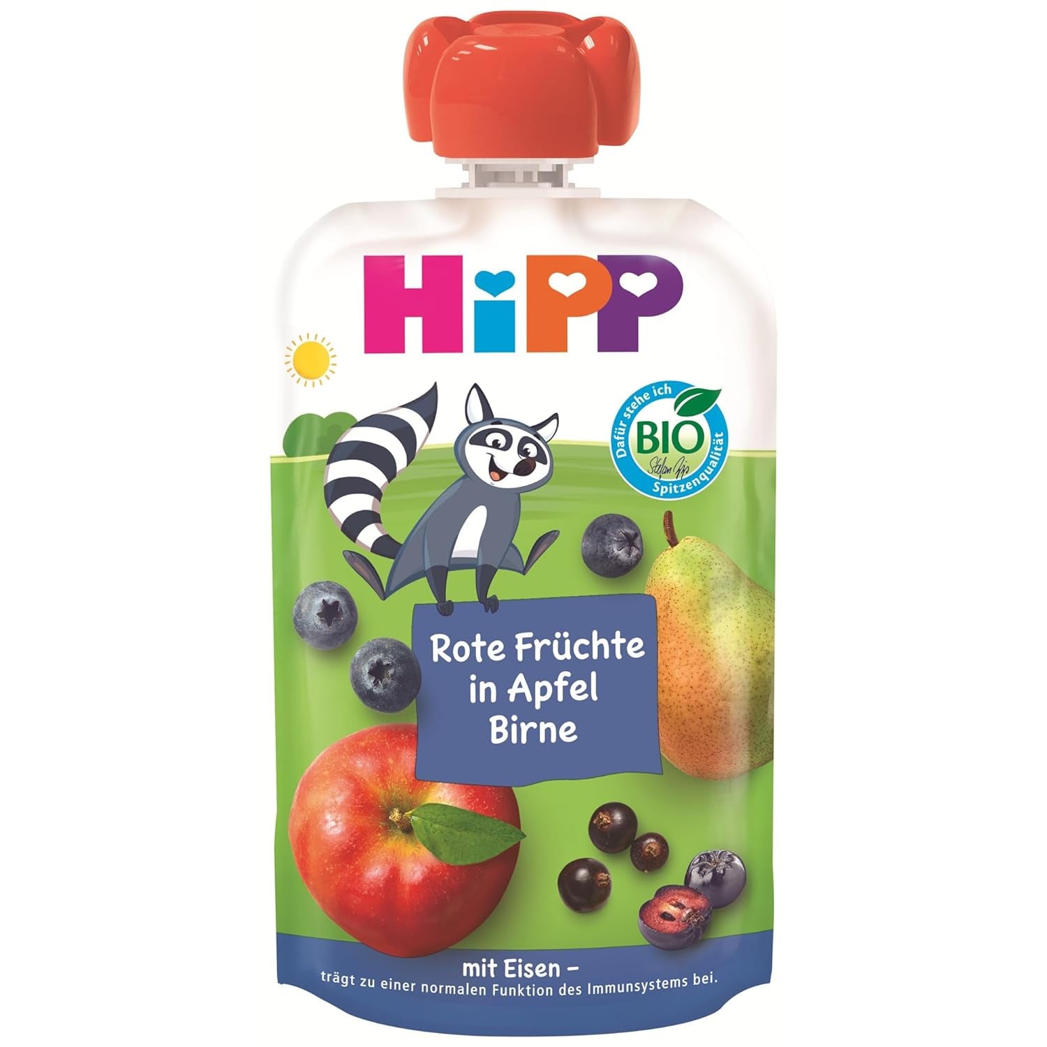 HiPP Bio Quetschie Frucht Plus Rote Früchte w Apfel Birne plus Eisen - Willi Waschbär (8 x 100g), ab 1 Jahr, 100% Fruchtpüree, ohne Zuckerzusatz, wegańskie, w najlepszej Bio-Qualität