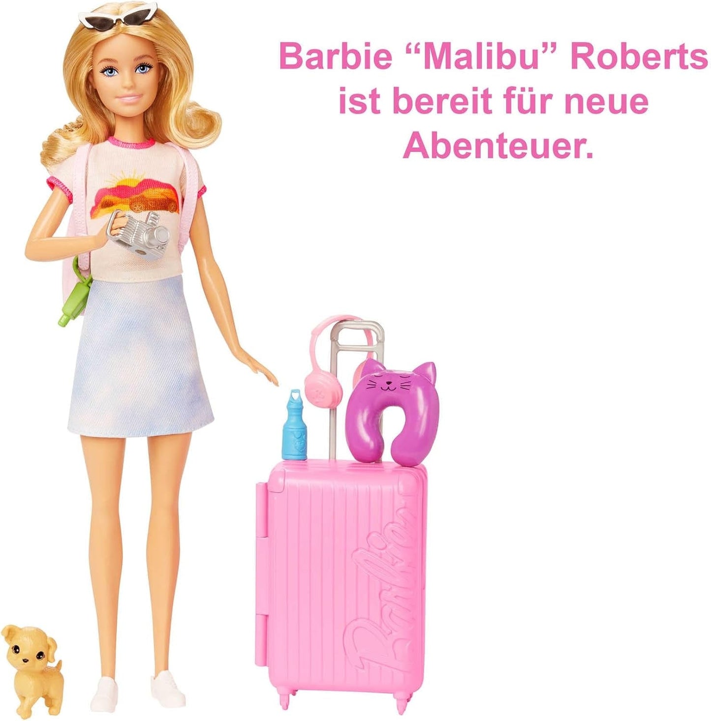 Lalka Barbie, podróżna Barbie z blond włosami, ponad 10 akcesoriów podróżnych, naklejki, walizka, szczeniak, w zestawie 1 lalka, prezent dla dzieci, zabawka w wieku 3+, HJY18