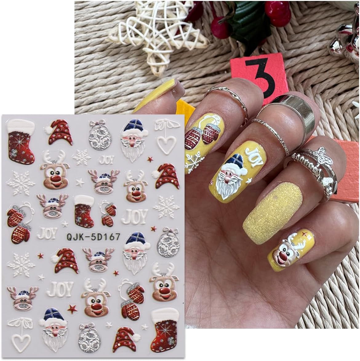JMEOWIO 3D Nagelsticker Weihnachten Glitzer Nail Art Naklejka Selbstklebend Nagelaufkleber 5D Stereoskopisch Schneeflocke Winterurlaub Süß Dekoration Nageldesign Zubehör 4 Blatt