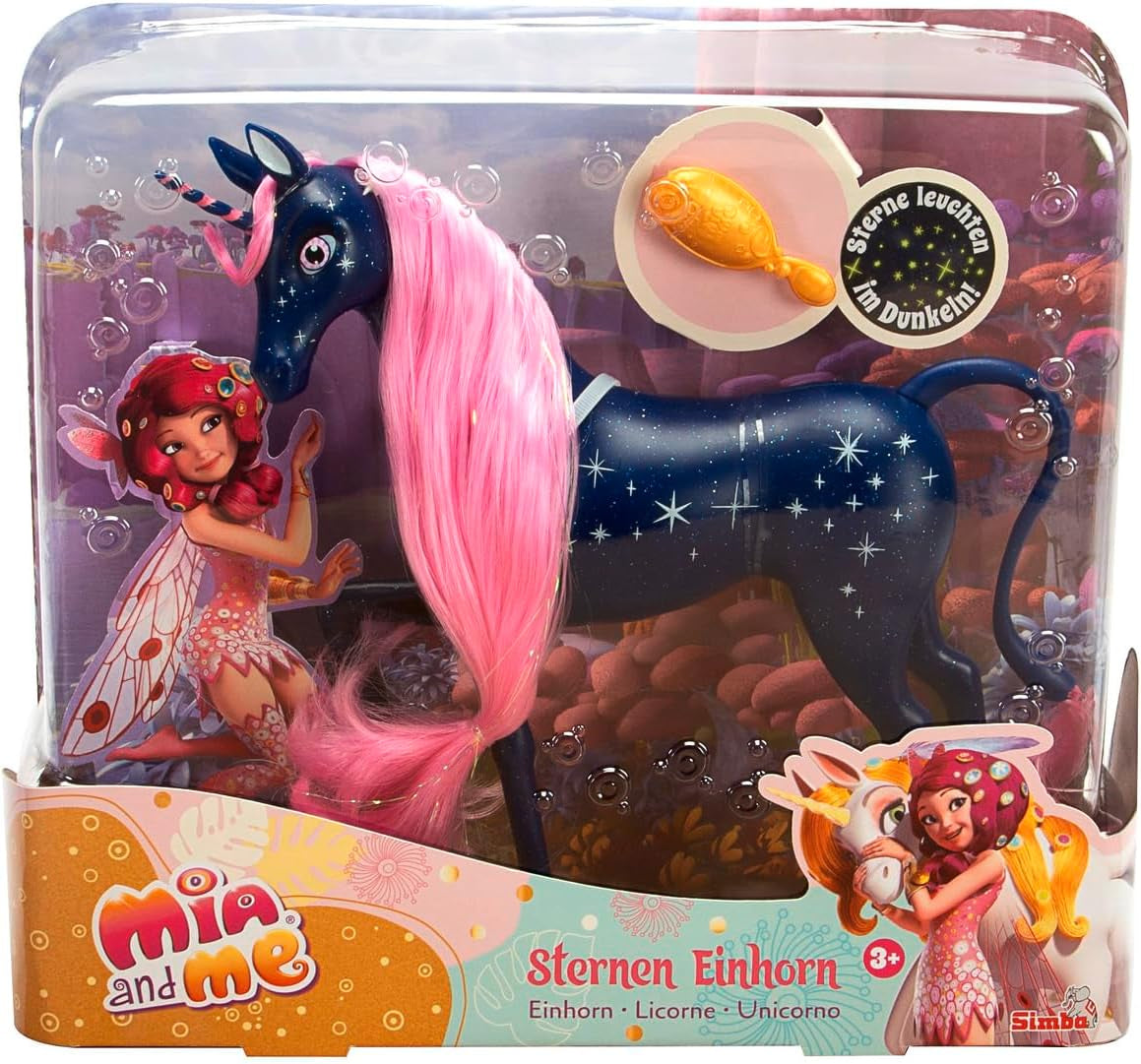 Simba 109483043 - Mia i ja Starry Unicorn 25 cm, zabawkowy koń ze świecącymi w ciemności gwiazdami na ciele i szczotce do włosów, wiek 3+