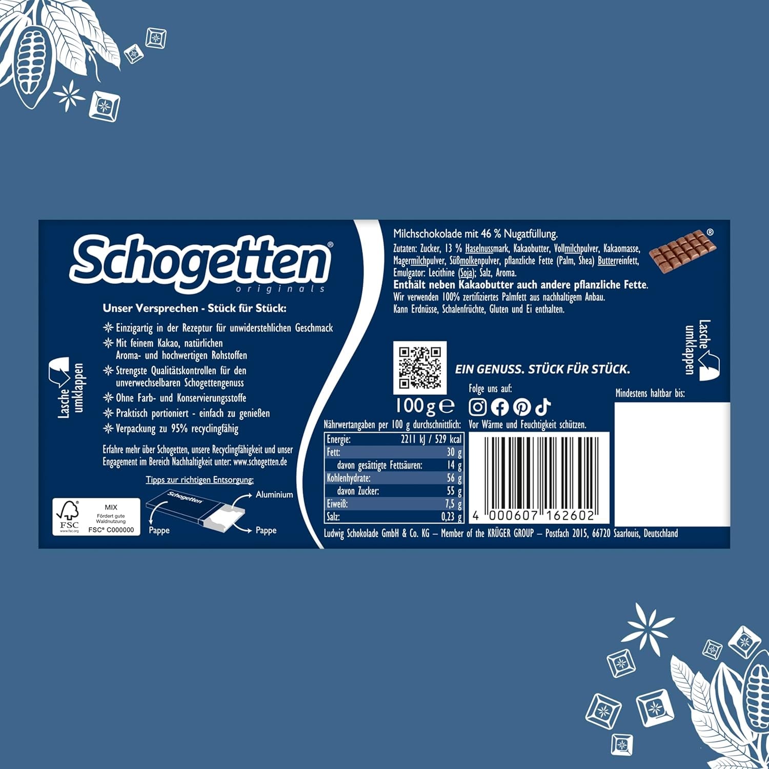 Tabliczka czekolady Schogetten Nougat 100g, pojedynczo porcjowana. Rozkosz. Kawałek po kawałku.