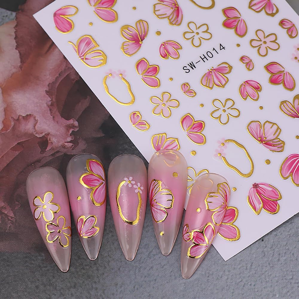 Złota Linie Schieber Rosa Nagelsticker Blumen 3D Kwiatowa naklejka na paznokcie Sakura Blütenblätter Blumen Nagelaufkleber Frühling Sommer Floral Nagel Naklejka Kwiaty Nagel Naklejki Nageldesign Zubehör Nail Art