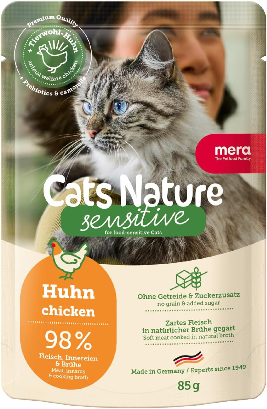 Mokra karma dla kotów MERA Cats Nature Sensitive z kurczakiem 12x85g | Monobiałkowe, bez cukru i bez zbóż | Wysoka zawartość mięsa i lekkostrawna mokra karma dla kotów