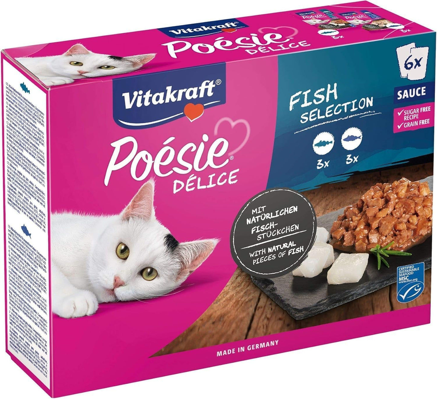 Vitakraft Poésie Délice, Fish Selection, Nassfutter Katze, Katzennassfutter w sosie, mit Seelachs, mit Kabeljau, ohne Zusatz von Zucker und Getreide (1 pakiet z 6x 85g)