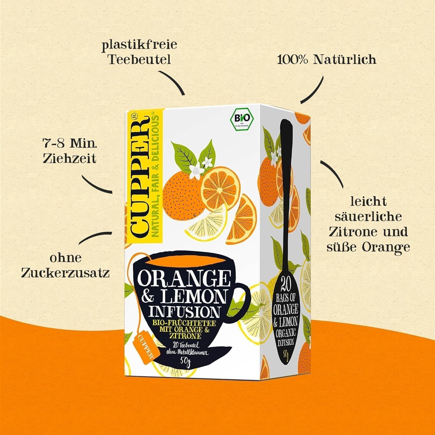 CUPPER Organiczna herbata owocowa „Napar pomarańczowo-cytrynowy”, 20 niebielonych torebek herbaty, organiczna, sprawiedliwego handlu