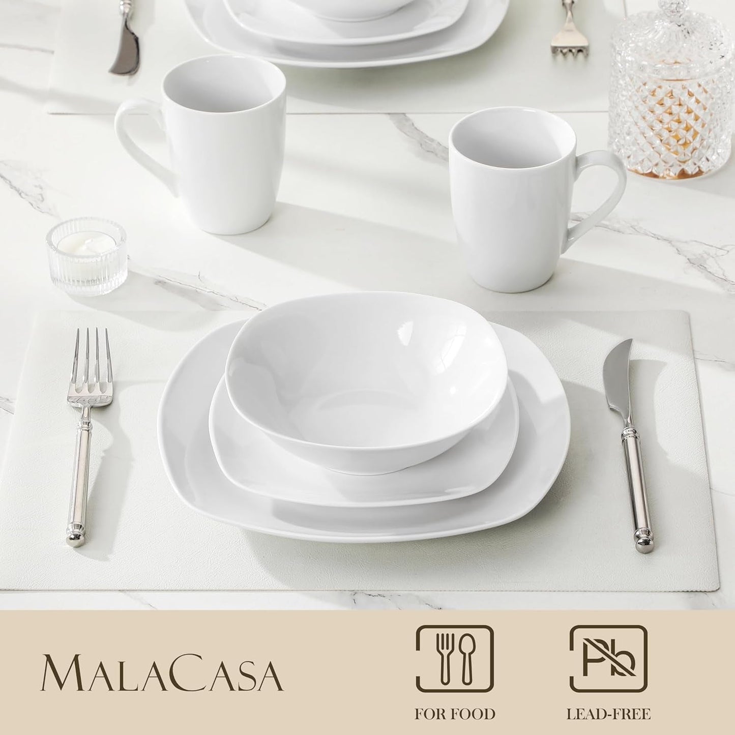 Zestaw naczyń obiadowych MALACASA na 4 osoby, 16-częściowa zastawa stołowa z białej porcelany, nowoczesny zestaw naczyń obiadowych z 4 talerzami obiadowymi, talerze deserowe, talerze i filiżanki Suma, seria ELISA