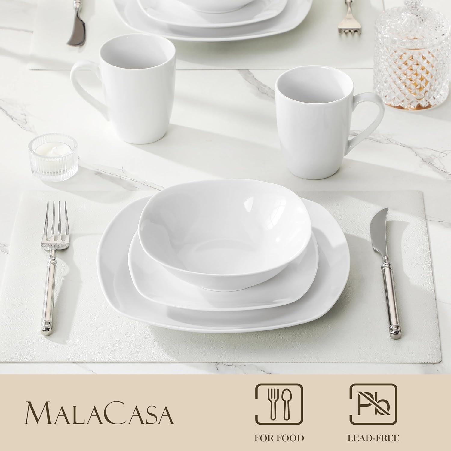 Zestaw naczyń obiadowych MALACASA na 4 osoby, 16-częściowa zastawa stołowa z białej porcelany, nowoczesny zestaw naczyń obiadowych z 4 talerzami obiadowymi, talerze deserowe, talerze i filiżanki Suma, seria ELISA