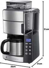 Ekspres do kawy Russell Hobbs z młynkiem i dzbankiem termicznym [cyfrowy timer, słuchawka prysznicowa dla optymalnej ekstrakcji i aromatu] Grind&Brew (1–10 filiżanek, 3 poziomy mielenia) Filtrowy ekspres do kawy 25620-56
