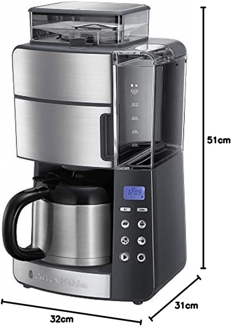 Ekspres do kawy Russell Hobbs z młynkiem i dzbankiem termicznym [cyfrowy timer, słuchawka prysznicowa dla optymalnej ekstrakcji i aromatu] Grind&Brew (1–10 filiżanek, 3 poziomy mielenia) Filtrowy ekspres do kawy 25620-56