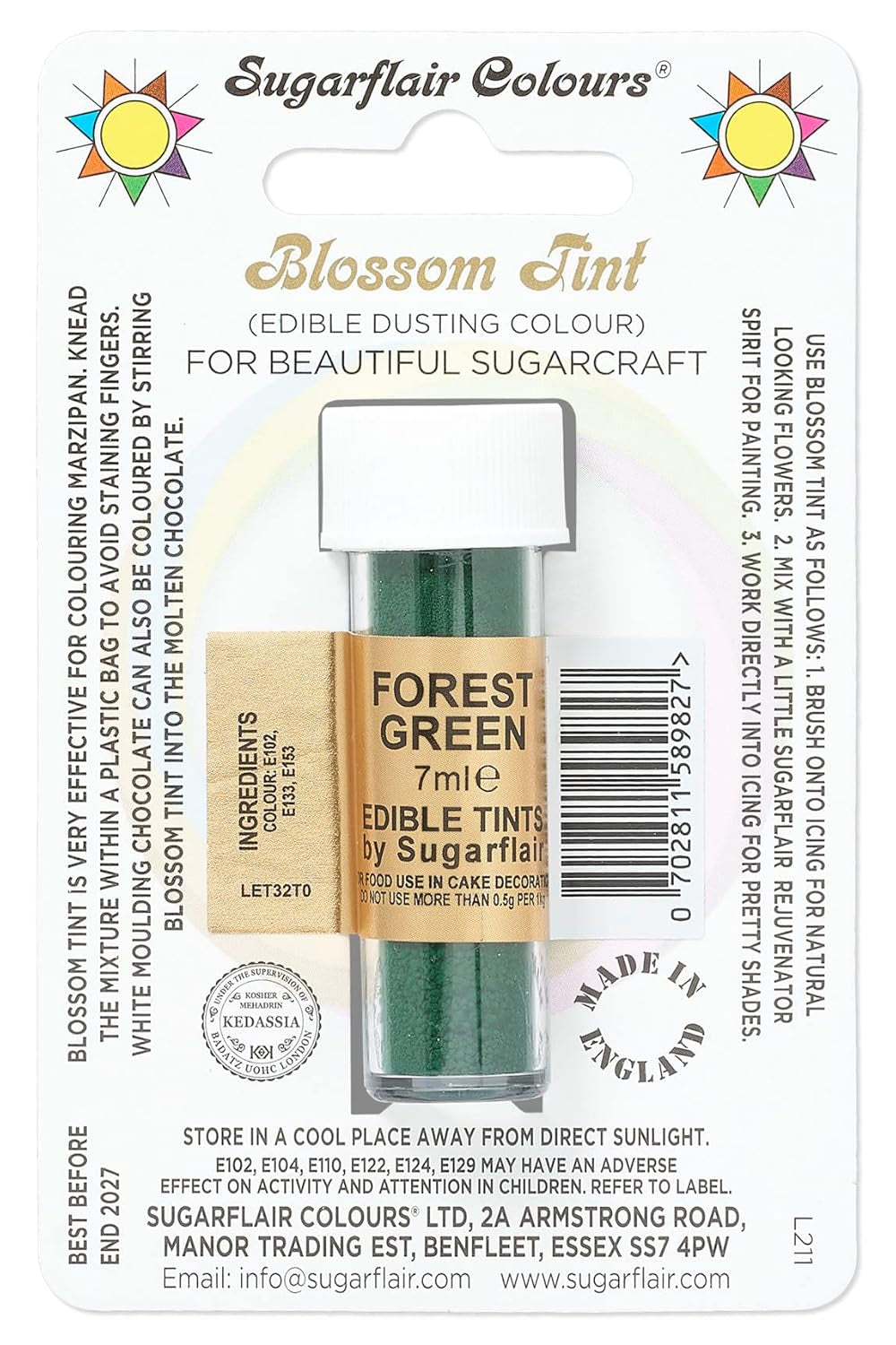 Barwnik spożywczy w proszku Sugarflair Blossom Tint Dusting Forest Green - Barwnik spożywczy w proszku do dekorowania kolorowej pasty cukrowej, fondantu, lukru, czekolady, kremu maślanego, makaroników - 7ml
