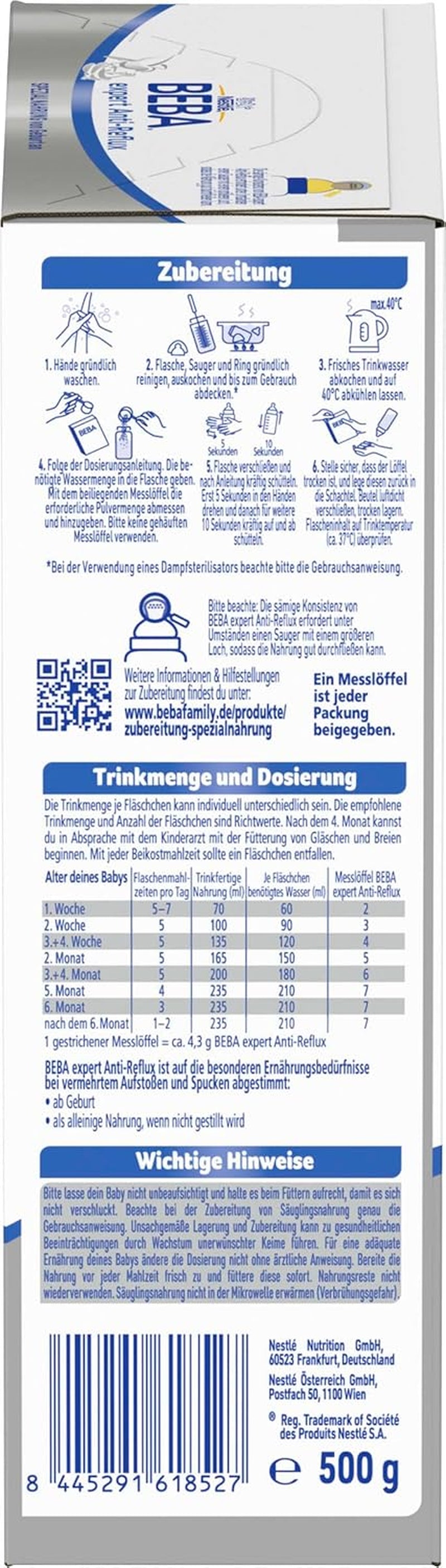 BEBA expert Anti-Reflux - AR Specjalna formuła od urodzenia na wzmożone odbijanie i wymioty, żywność dla niemowląt, mleko w proszku dla niemowląt, 1 opakowanie (1 x 500g)