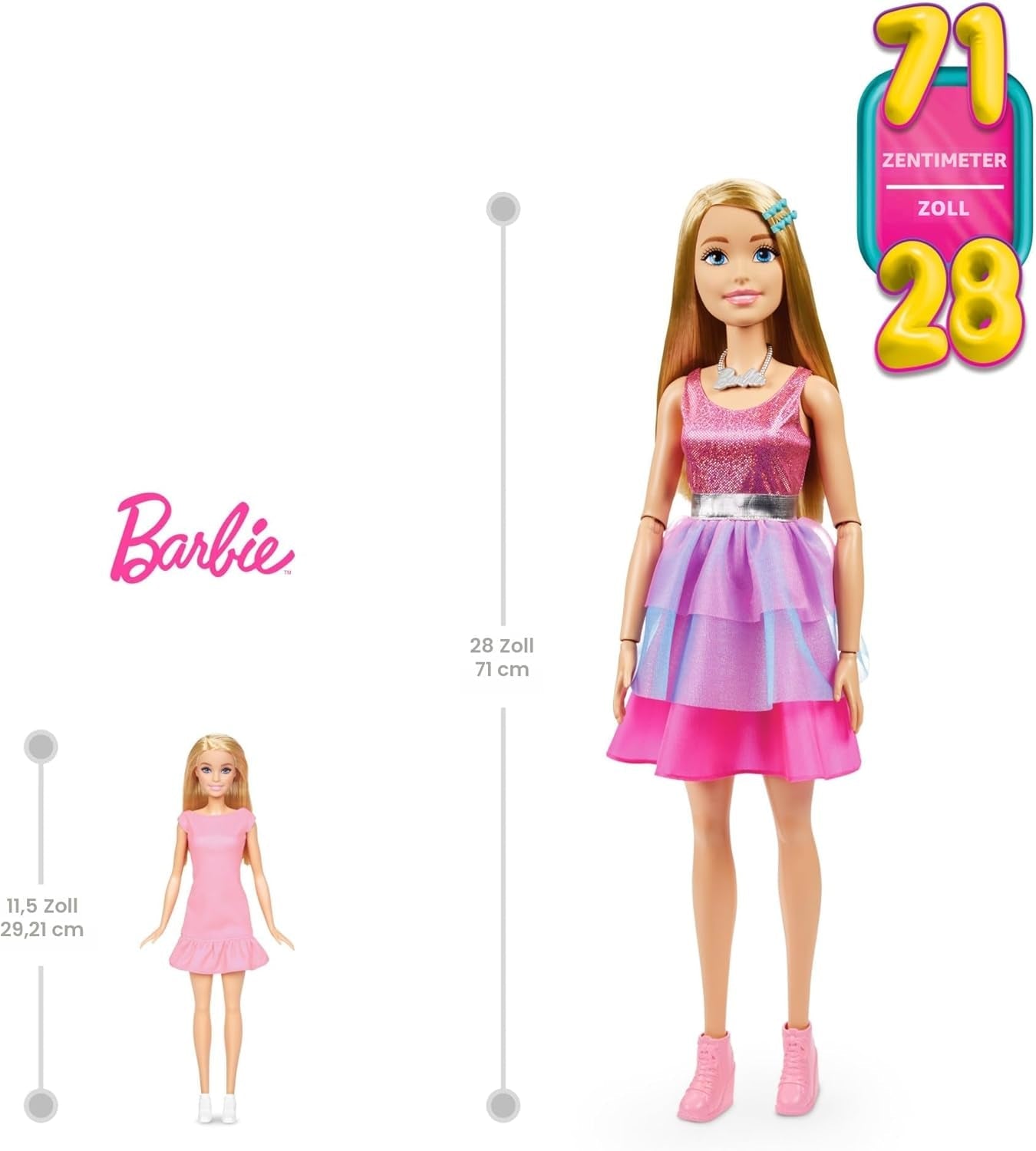 Lalka Barbie bardzo duża (71 cm) - różowa sukienka, blond włosy z klipsem i naszyjnikiem, prezent dla 3 lat i więcej, HJY02