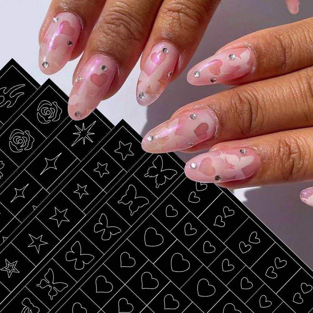 6 arkuszy Szablon aerografu Naklejki na paznokcie, Motyl Płomień Gwiazdy Serce Gwiazdy Naklejki na paznokcie Szablon do drukowania Narzędzie Nail Art Samoprzylepne naklejki dla kobiet Naklejki do zdobienia paznokci