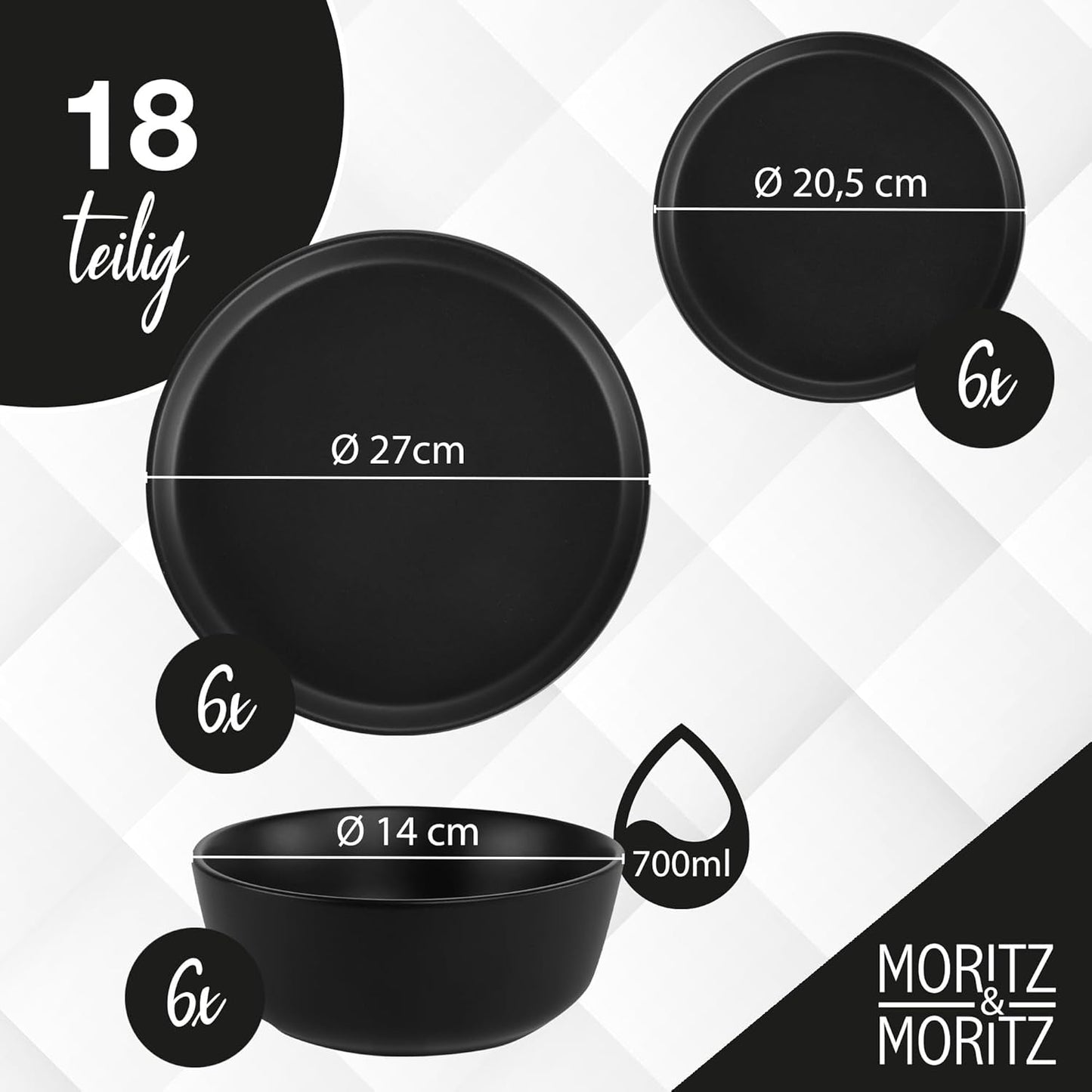 Moritz & Moritz NORDIC 6-osobowy zestaw naczyń obiadowych - 18-częściowy zestaw naczyń obiadowych z czarnej kamionki - skandynawski design - 6-osobowy solidny zestaw naczyń obiadowych do codziennego użytku i dla gości - Łączony zestaw naczyń obiadowych