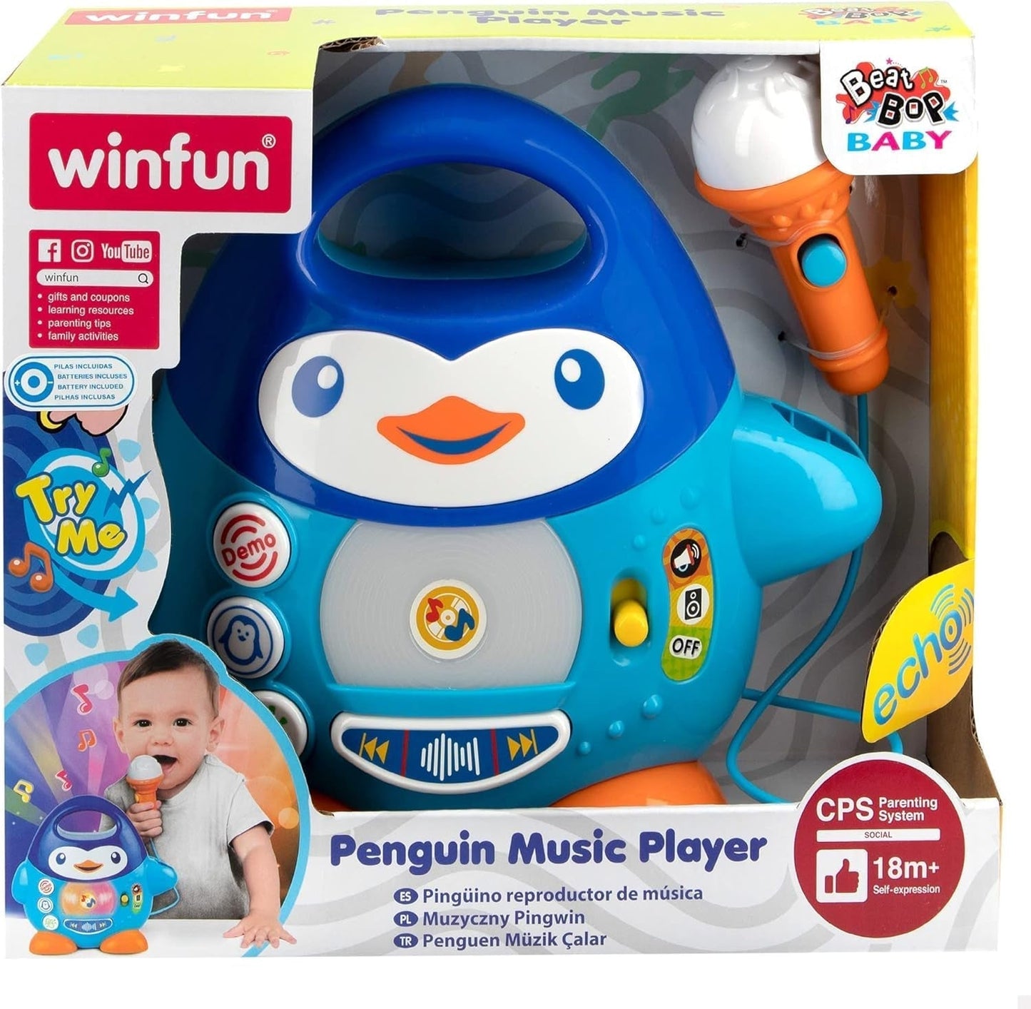 Odtwarzacz muzyki karaoke WinFun, wzór pingwina, z migającymi światłami i efektami echa, w kolorze niebieskim, zabawny styl, złącze USB Baby Toys Naty Shop