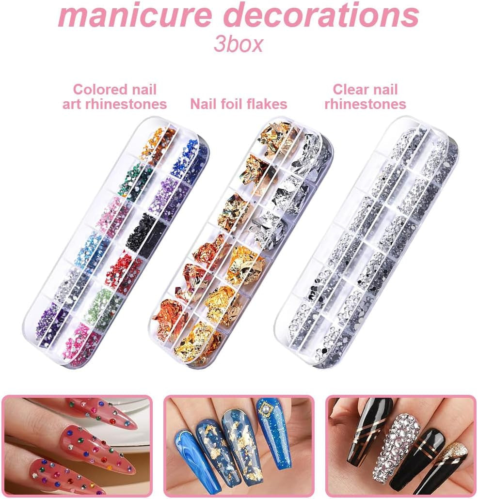 Zestaw naklejek na paznokcie i akcesoriów - 5 naklejek na paznokcie, pędzelek, kamienie, taśma dekoracyjna, złota folia - Idealny do manicure i paznokci żelowych - 50-częściowy zestaw