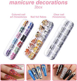 Zestaw naklejek na paznokcie i akcesoriów - 5 naklejek na paznokcie, pędzelek, kamienie, taśma dekoracyjna, złota folia - Idealny do manicure i paznokci żelowych - 50-częściowy zestaw