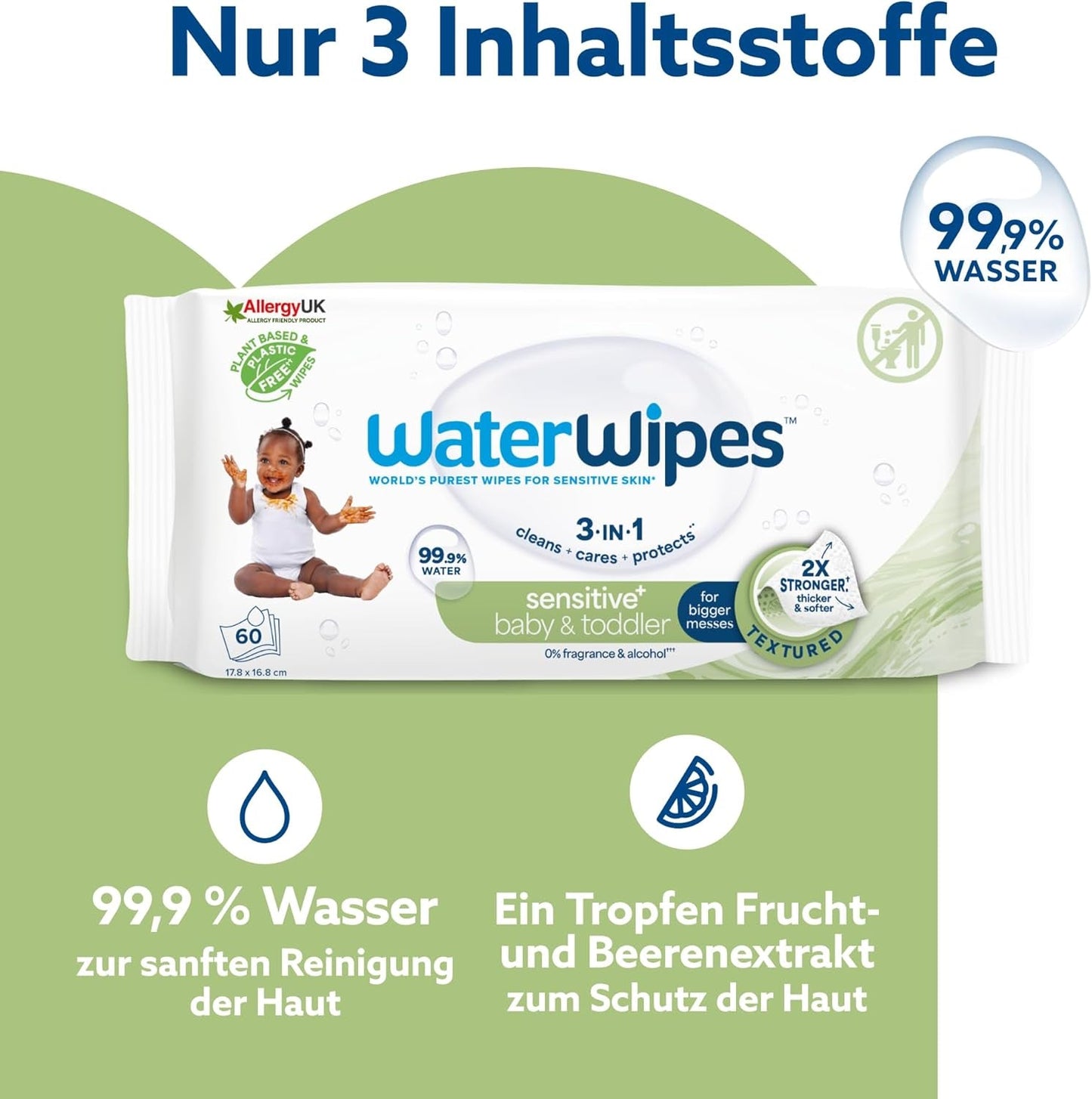 WaterWipes Sensitive+ Chusteczki nawilżane dla niemowląt i małych dzieci, 720 sztuk (12 szt.), 3 w 1 czyszczenie, pielęgnacja, ochrona, 99,9% wody, teksturowane oczyszczanie, bezzapachowy