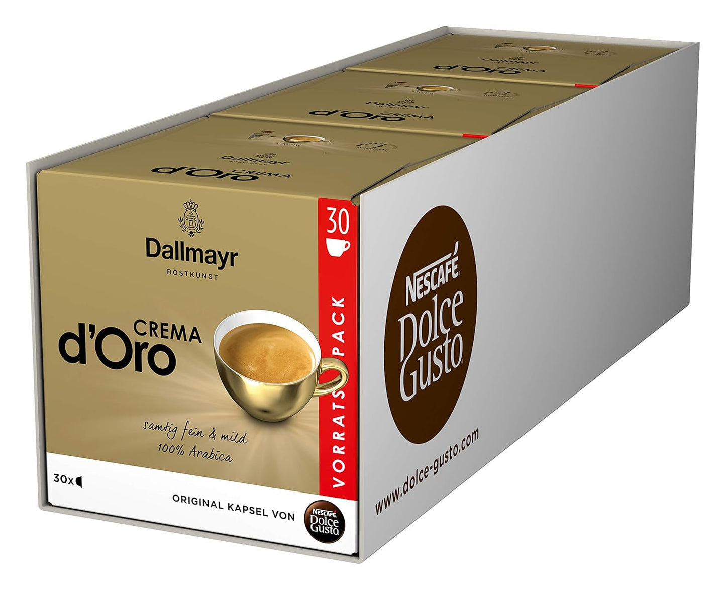 Dallmayr Crema d'Oro, XXL-Vorratsbox (3 x 30 Kapseln) & Dallmayr Crema d'Oro Caffè Latte (48 Kaffeekapseln, 48 Getränke, cremig i ausgefungen) 3-pak (3 x 16 Kapseln)