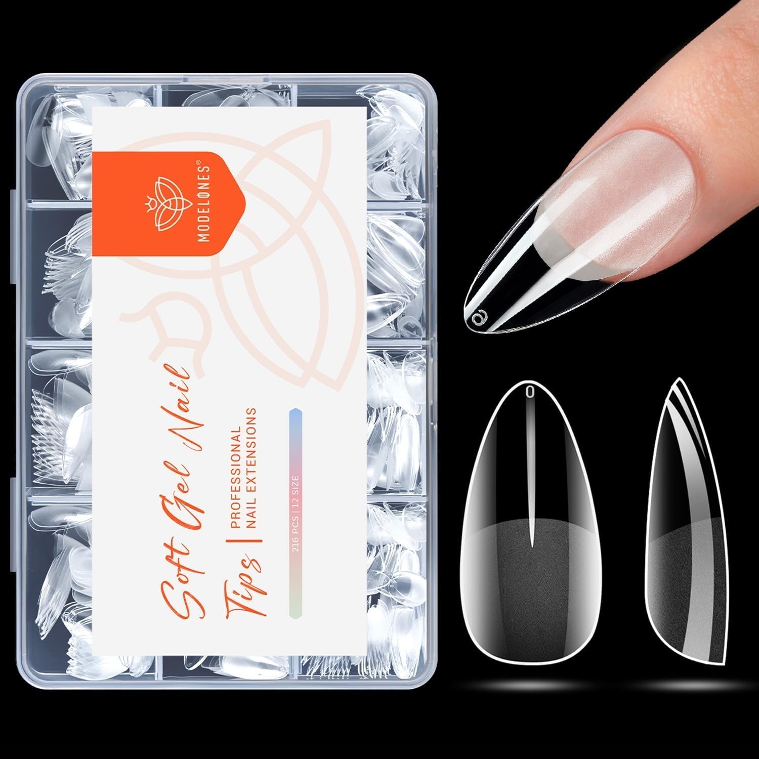 Modelones Tipsy 216 sztuk - Zestaw Full Cover Tips, Zestaw miękkich Tipsów żelowych, Wstępne polerowanie Tipsów z żywicy PMMA, DIY Klej na sztucznych paznokciach, Krótkie Migdały XS