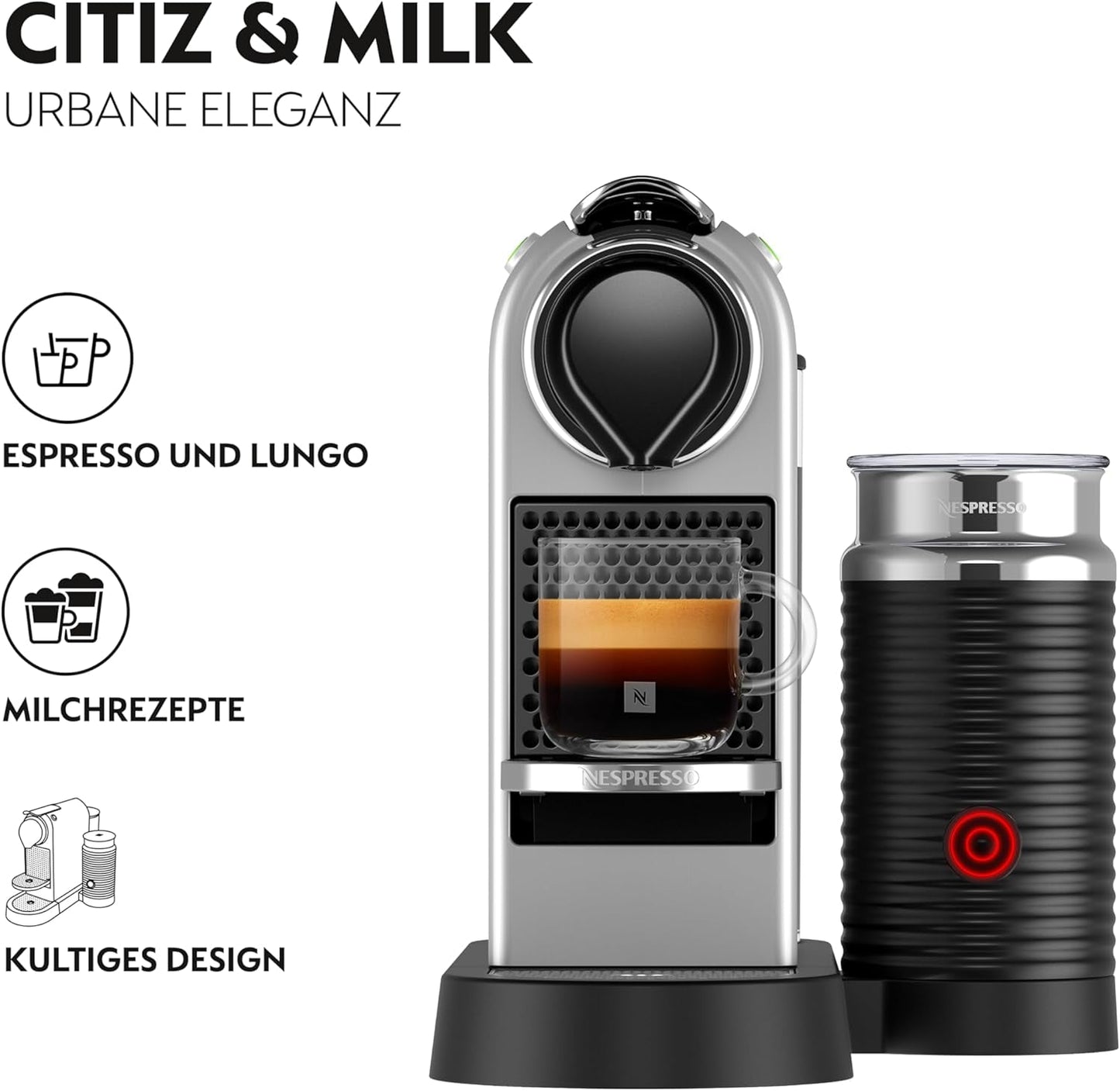 Ekspres do kawy z kapsułkami Nespresso XN761B Citiz&Milk | Automatyczny tryb gotowości | 1260 watów | Pojemność zbiornika na wodę: 1 l | Ciśnienie pompy: 19 bar | Srebrny