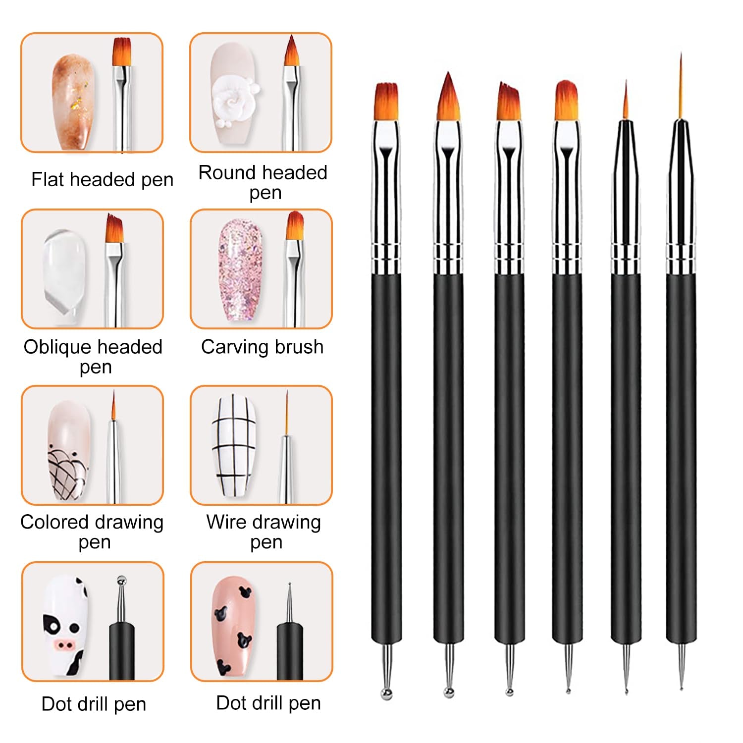 6 Stück Doppel-Ende Nagel Pinsel, Nageldesign Pinsel, Doppel-Ende Nail Art Pinsel Kit Professionelle Maniküre Werkzeuge Kit (Schwarz)