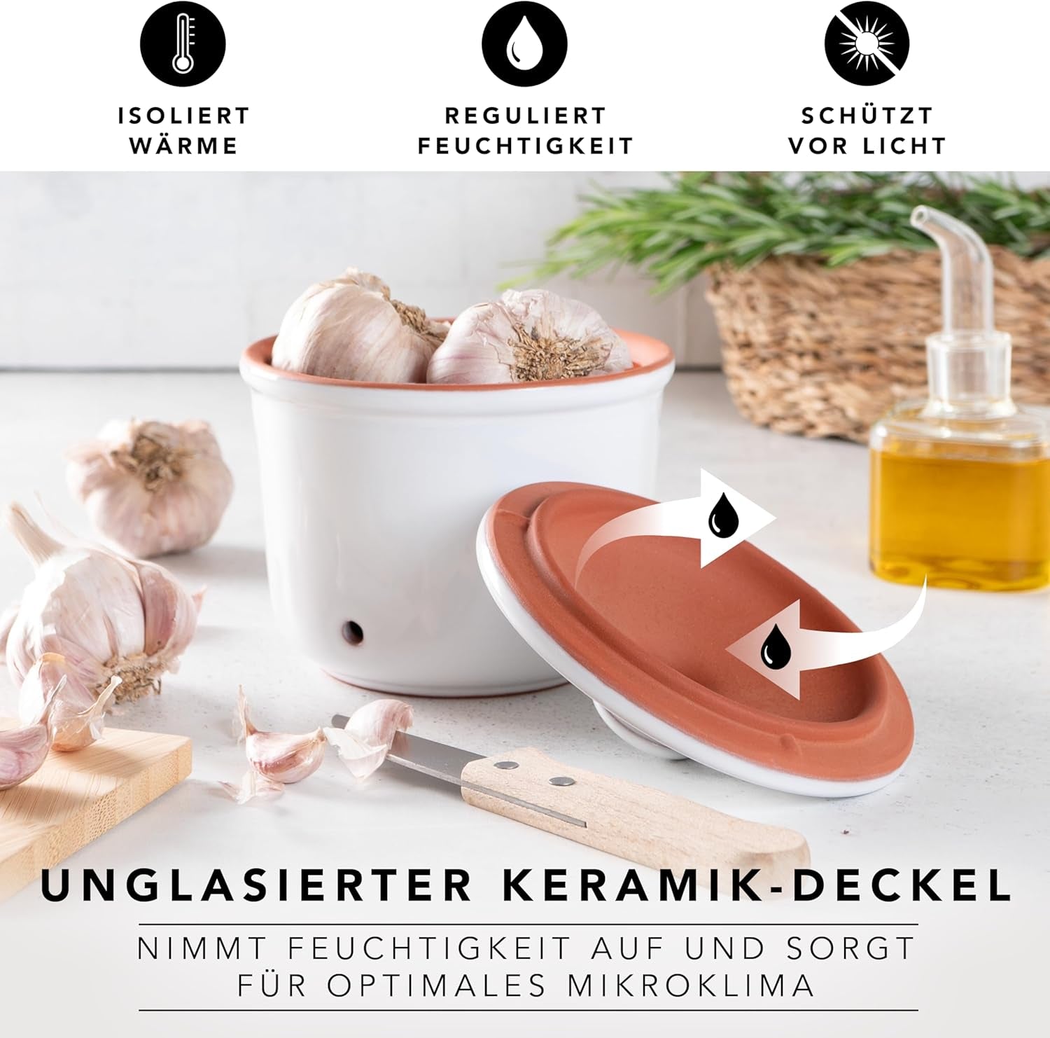 Römertopf Fresh Pot MINI 0,6 litra - Ceramiczny pojemnik na czosnek - Oddychająca glinka utrzymuje warzywa na dłużej świeże - Idealna cyrkulacja powietrza - Biały Pudełka do przechowywania żywności Naty Shop