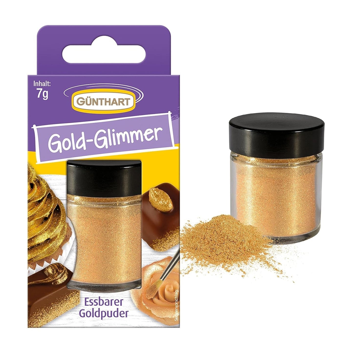 Günthart Backdecor Gold Powder - brokat jadalny, proszek do barwienia żywności, brokat do napojów - mały brokat ze złotym pyłem dla miłośników pieczenia, 1 opakowanie (1 x 7g)