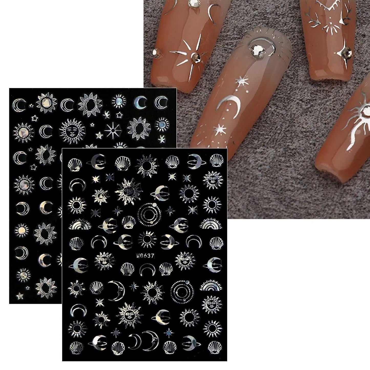 JMEOWIO Nagelsticker Mond Stern Sonne 10 Blatt Nail Art Naklejka Selbstklebend Nagelaufkleber Bunt Dekoration Nageldesign Zubehör