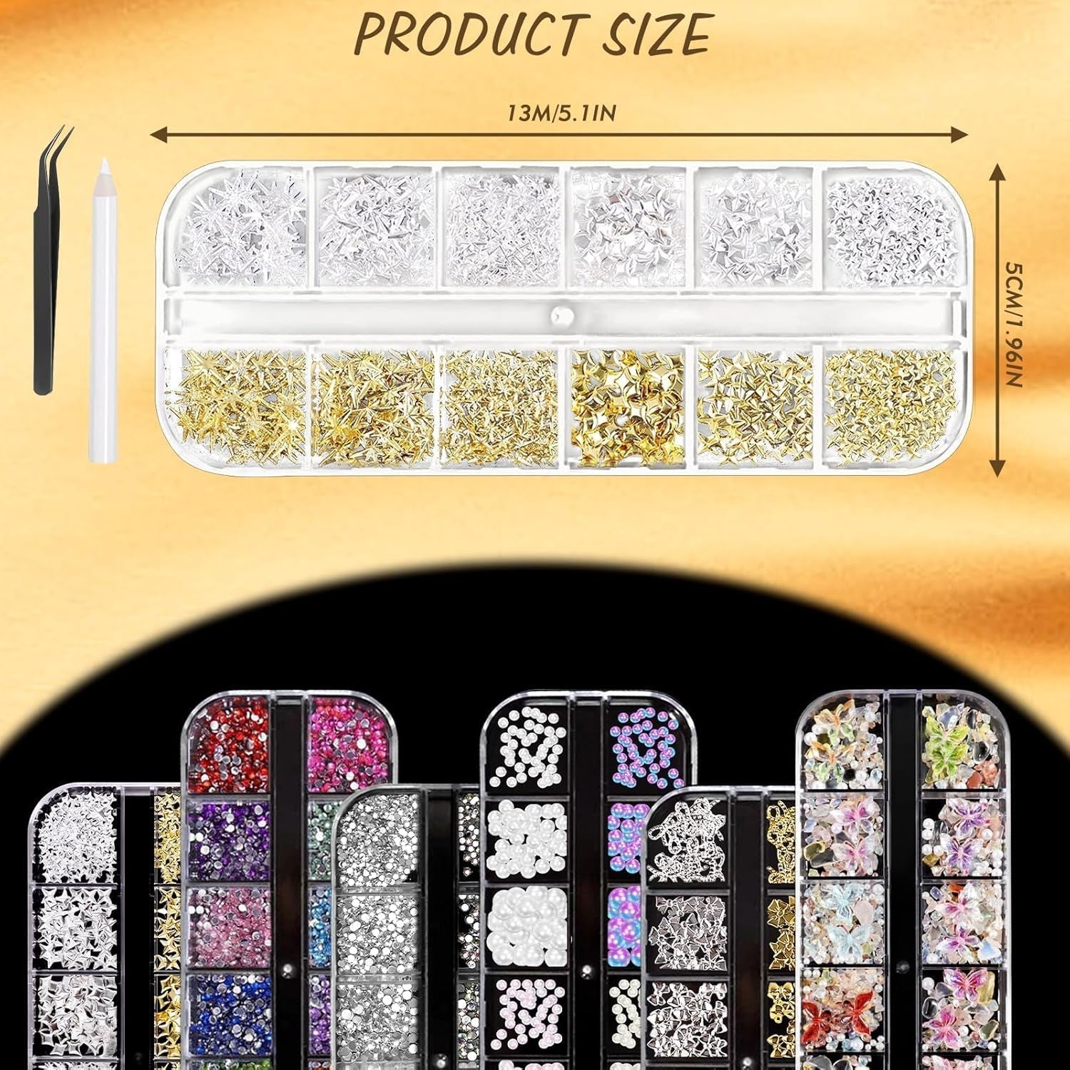 Charms do paznokci, 6 Boxen Gold Silber Nagel Charms 3D Gold Bogen Stern Nail Art Dekoration + 6200 Strasssteine ​​​​Bunt Steine ​​AB Perlen Diamanten, 3D Legierung Bow Nail Gems Nagel Deko Für Frauen Nagel (6-A)