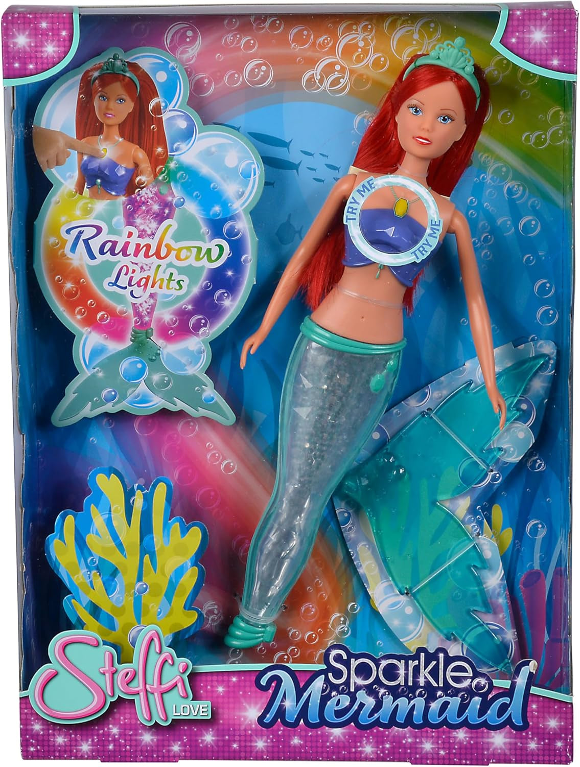 Simba 105733656 - Steffi Love Sparkling Mermaid Doll (39 cm) - Świecąca syrenka zmieniająca kolor Luminous Rainbow Wodoodporna zabawka dla dzieci w wieku 3 lat i więcej