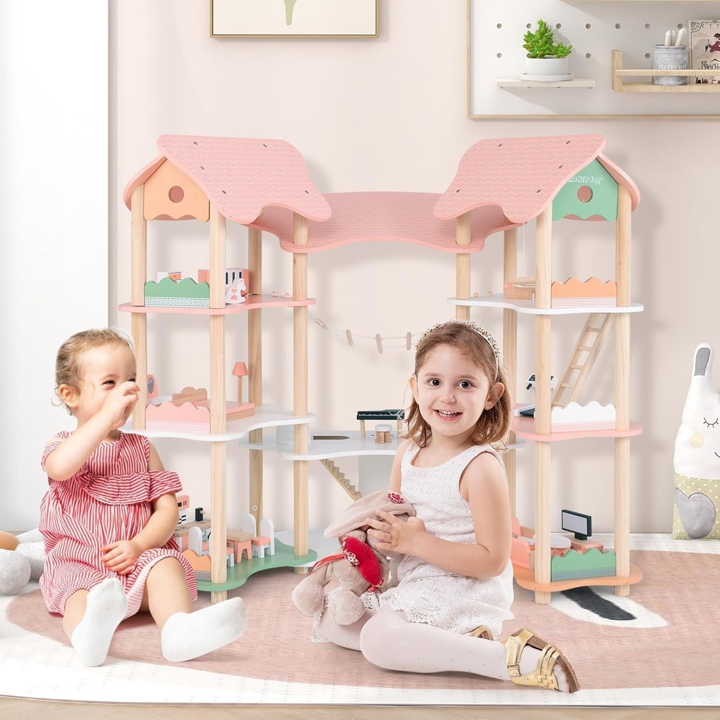 Drewniany domek dla lalek FANTASK, wysokość 85 cm, 7-pokojowy domek dla lalek z 32 meblami i akcesoriami, domek dla lalek z drabinką linową, domek dla lalek prezent dla 3-letnich dziewczynek (model 3) Naty Shop Dollhouses