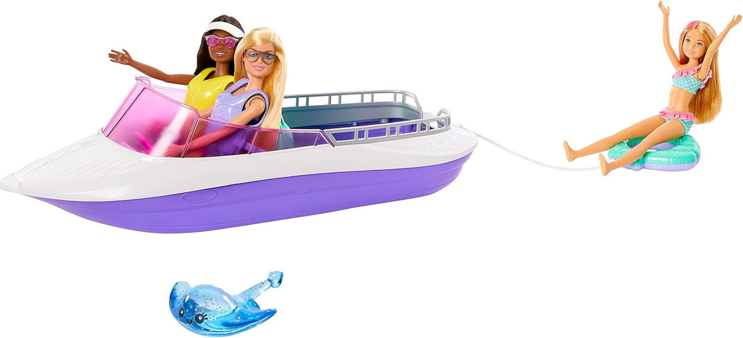Barbie HHG60 – łódź motorowa syrena z 2 lalkami (blondynka/brunetka) i różnymi akcesoriami, zabawka dla dzieci w wieku od 3 lat
