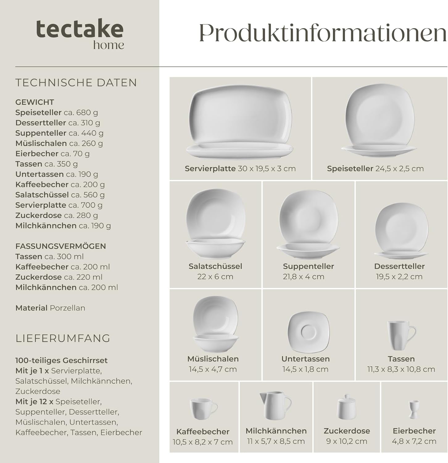 tectake® Zestaw naczyń obiadowych na 12 osób, 100-częściowy zestaw naczyń porcelanowych, w tym 12 talerzy, 12 talerzy deserowych, 12 talerzy obiadowych, 12 filiżanek, 12 misek na płatki zbożowe, salaterka, dzbanek na mleko, cukiernica