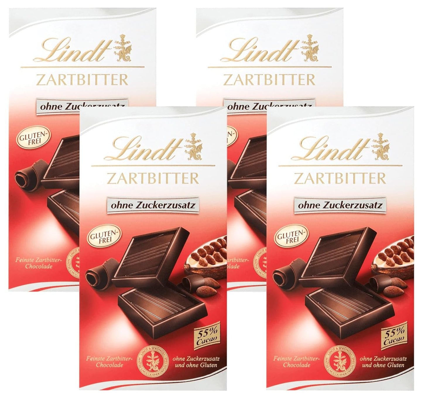 Ciemna czekolada bez dodatku cukru | Tabletka 100g | Najlepsze o zawartości kakao 55%, bezglutenowe | Tabliczka czekolady | Zestaw upominkowy z czekoladą (4 sztuki)