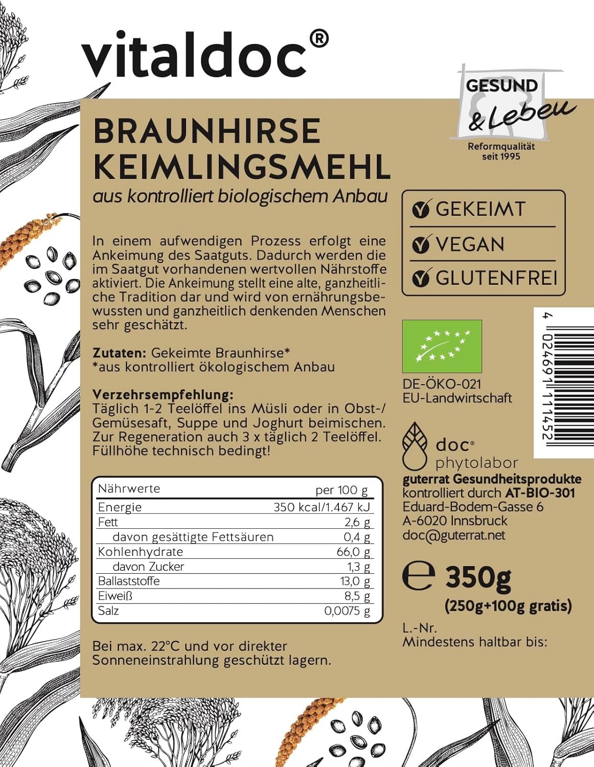 witaldoc© | Ekologiczne proso brązowe, świeżo kiełkowane 250g + 100g | Surowe jedzenie | Bezglutenowe | wegańskie | Organiczne | Bogaty w naturalny krzem | Jakość
