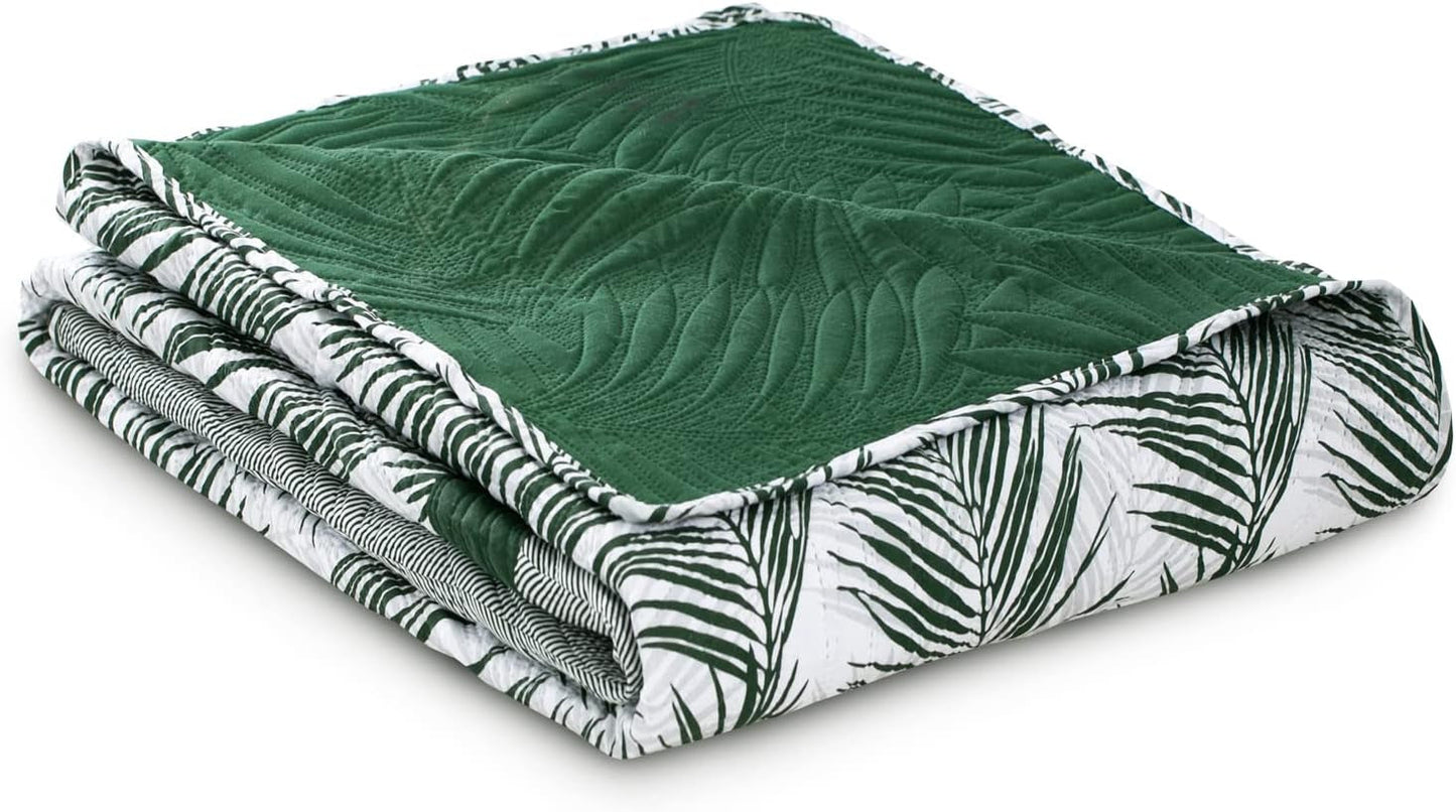 Ameliahome Narzuta Narzuta 170X210 cm Dwustronna, łatwa w pielęgnacji narzuta na łóżko Wzór roślinny Zielony Biały Tropikalny Bonaire Łóżka i koce Besuche den AmeliaHome-Store