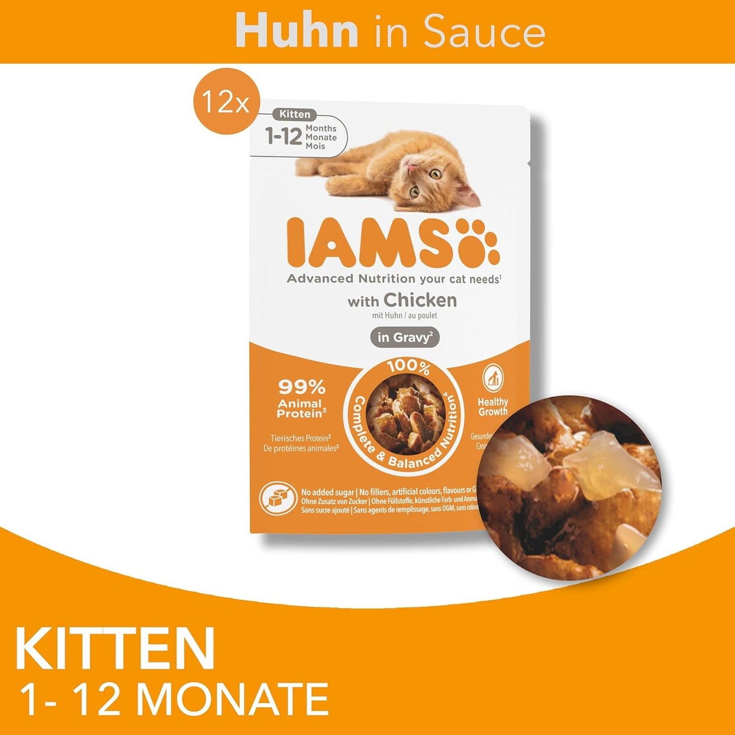 IAMS Delights Kitten Nassfutter - Opakowanie zbiorcze Katzenfutter mit Hunn w sosie, wysokiej jakości Futter für Junior Kätzchen von 1-12 Monate, 12 x 85 g