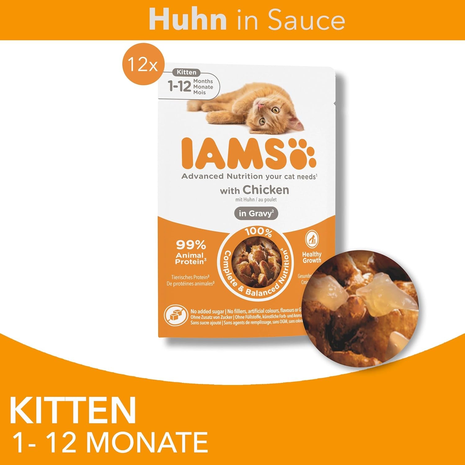 IAMS Delights Kitten Nassfutter - Opakowanie zbiorcze Katzenfutter mit Hunn w sosie, wysokiej jakości Futter für Junior Kätzchen von 1-12 Monate, 12 x 85 g