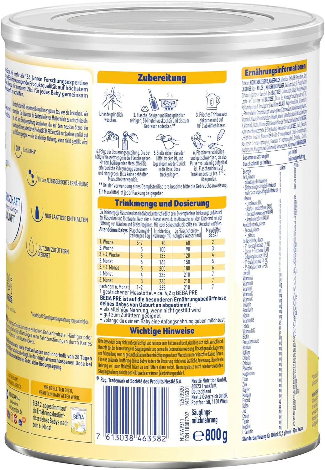 BEBA PRE Mleko początkowe od urodzenia, Żywność dla niemowląt z DHA, Tylko laktoza, Bez oleju palmowego, Op. 3 (3 x 800g) Naty Shop