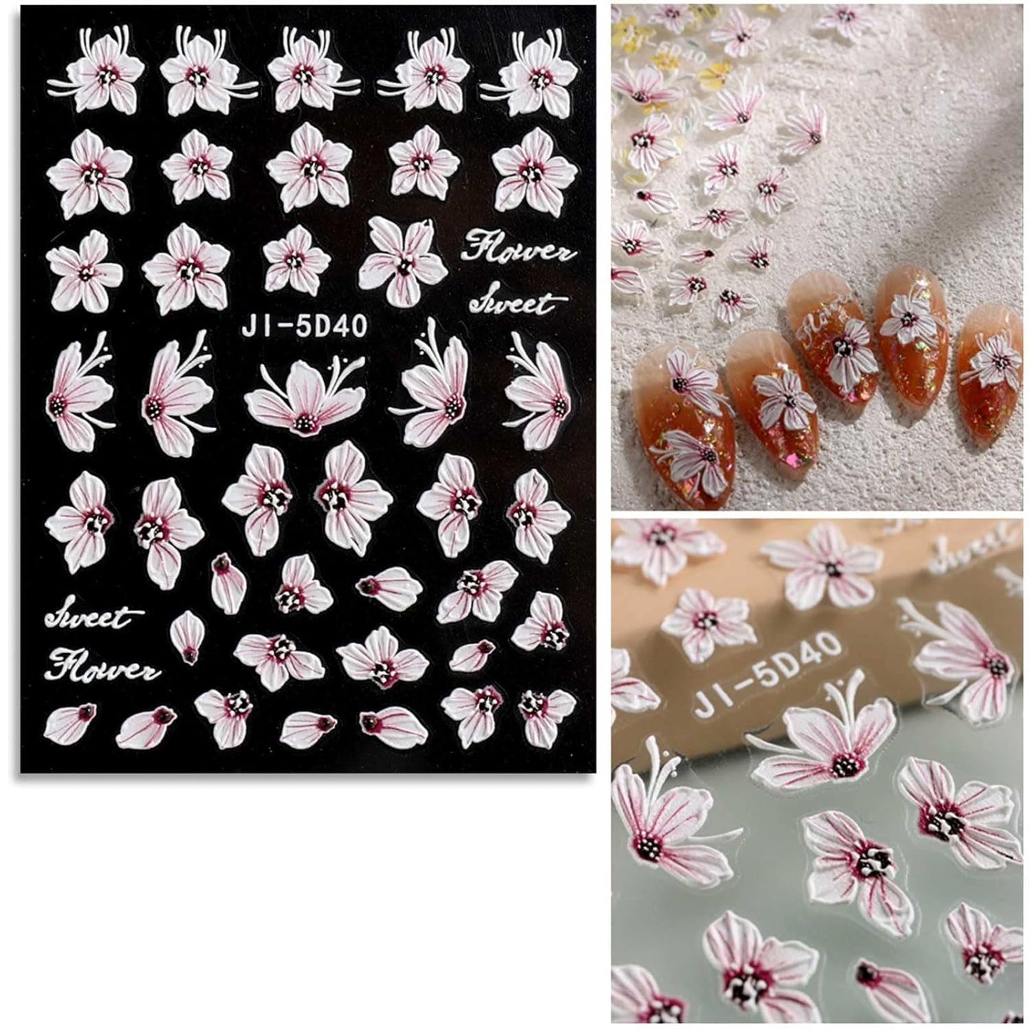 JMEOWIO 3D Nagelsticker Frühling Blume Nail Art Naklejka Selbstklebend Nagelaufkleber 5D Stereoskopisch Buntes Sommer Blumen Dekoration Nageldesign Zubehör 4 Blatt