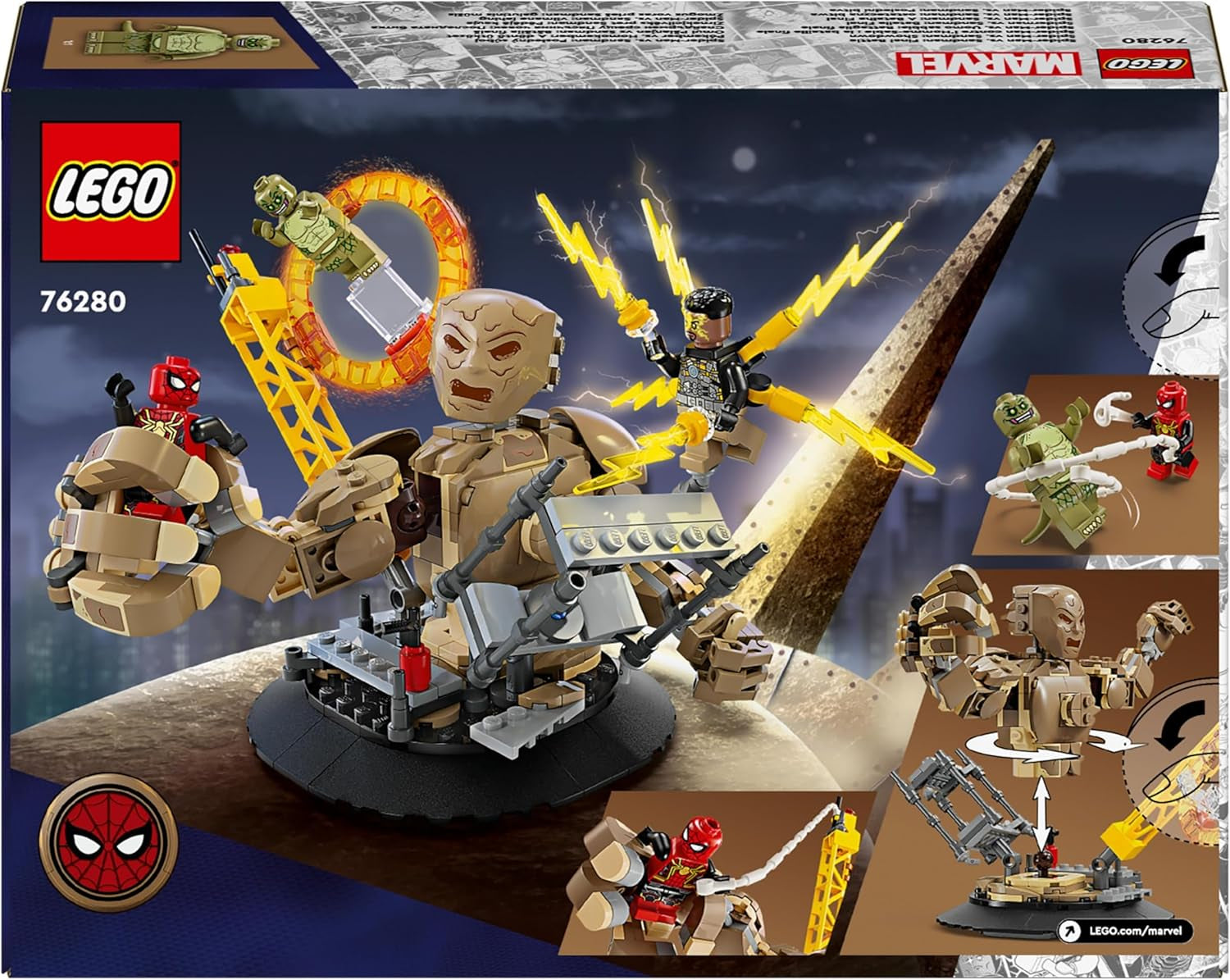 LEGO Marvel Spider-Man kontra. Sandman: Showdown Zabawka superbohatera z figurkami, w tym jaszczurki i elektro. Zabawka do budowania z odgrywaniem ról Prezent dla entuzjastów akcji Chłopcy i dziewczęta 76280 Zestawy do budowania Besuche w sklepie LEGO