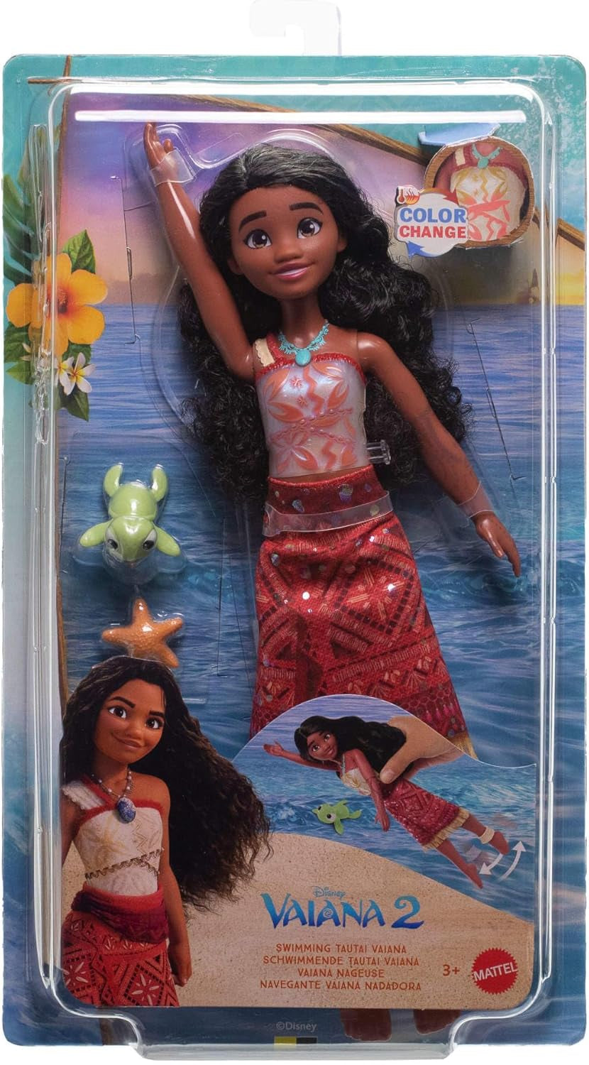 Mattel Toys Disney Moana 2 Tautai Moana Modna lalka do pływania z 2 akcesoriami, góra i nogi zmieniające kolor do pływania inspirowane filmem JFF09