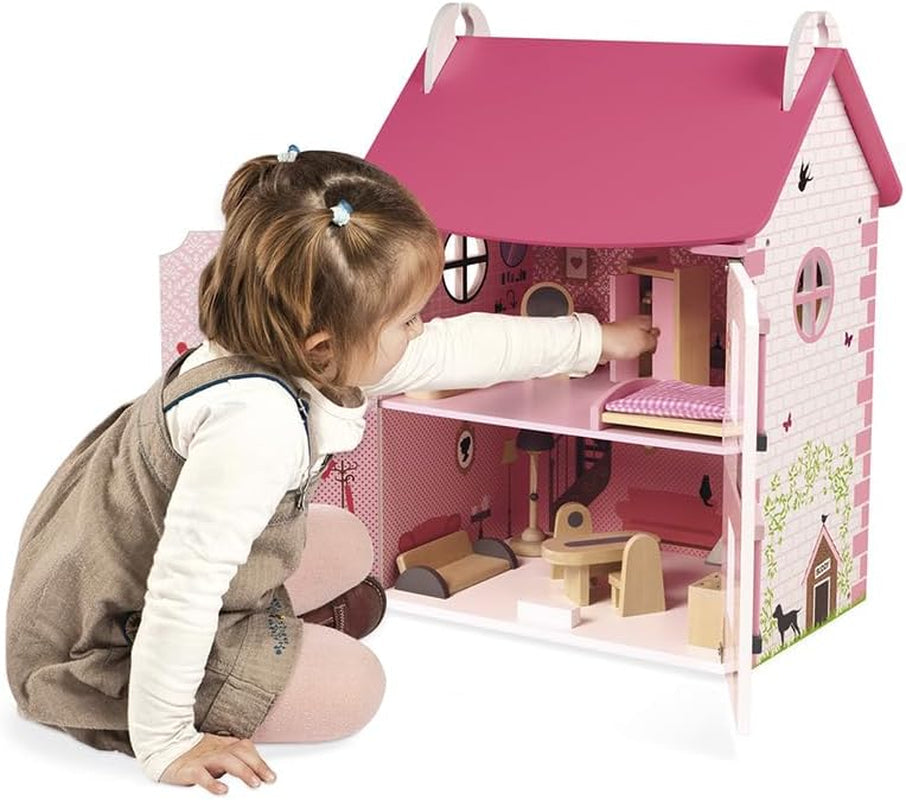 Janod - Drewniany domek dla lalek Mademoiselle, 3 piętra i 11 akcesoriów, replika zabawki, rozwija wyobraźnię, wiek powyżej 3 lat, J06581, różowe domki dla lalek Naty Shop